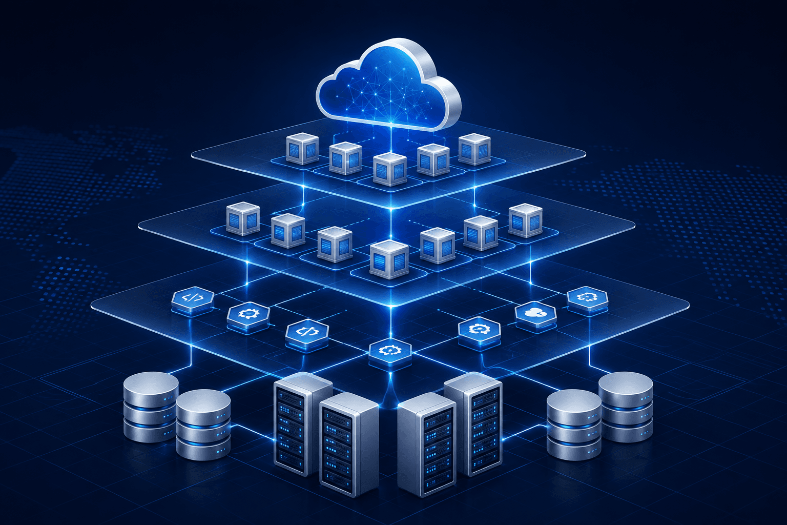 Illustration of a scalable cloud architecture with interconnected servers, databases, and microservices expanding upward.